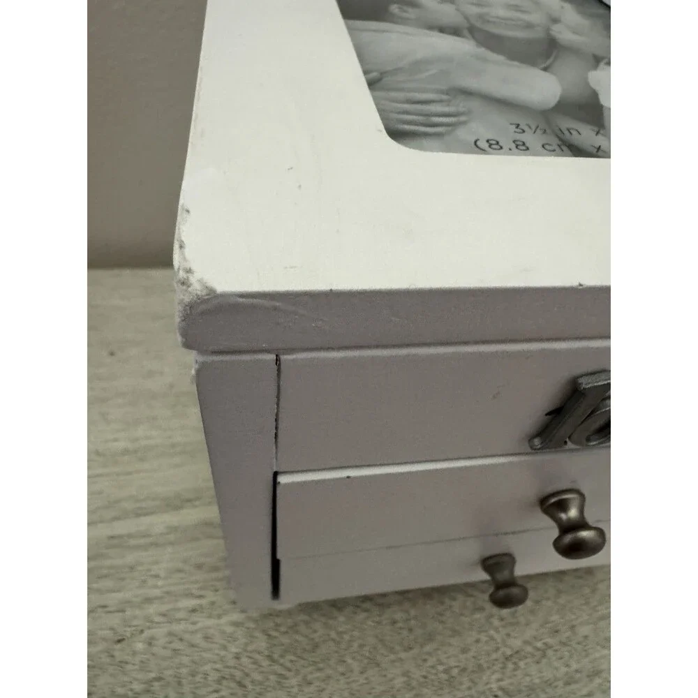 White Wood Jewelry Box 3 Drawers Mirror Ring Rolls Picture Frame 